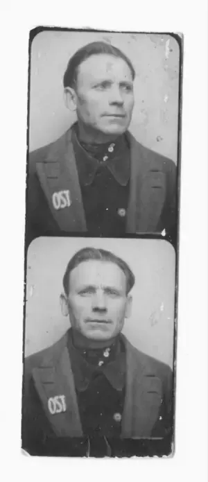 Two ID photographs of a man; on his chest the sewn-on badge reading OST.